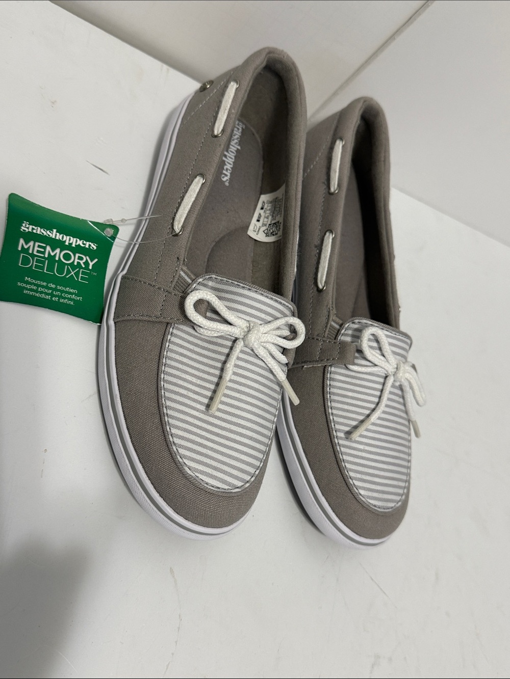 Grasshoppers Taupe and White Striped Memory Foam Boat Shoes